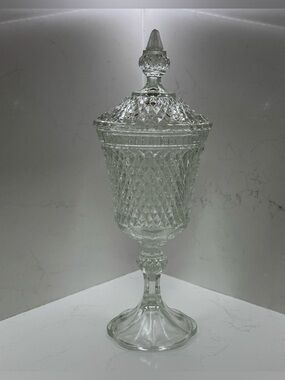 Vtg Indiana Glass Tiara Diamond Point Apothecary Jar Compote Candy Dish W/Lid